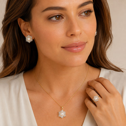 Snowflake freshwater pearl jewelry set, 3-piece with earrings, pearl pendant necklace, and ring in gold-tone setting.