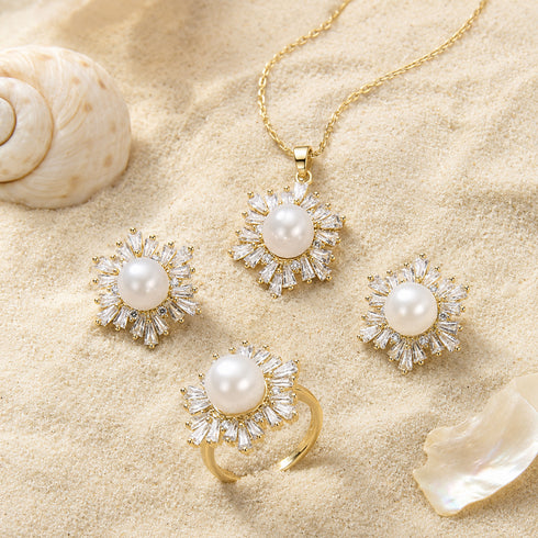 Snowflake freshwater pearl jewelry set 4-piece on gold-tone metal with crystal accents: necklace pendant, earrings, ring