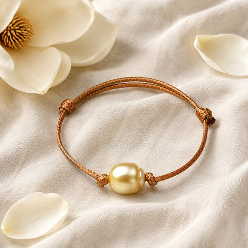 Golden South Sea Pearl Knotted Leather Bracelet on brown braided cord by House of Pearls-TA