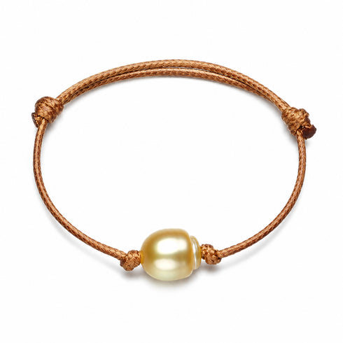 Golden South Sea Pearl knotted leather bracelet on brown braided cord with knot closures