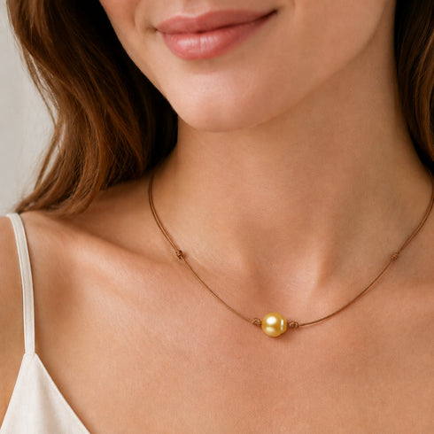 Golden South Sea Pearl Knotted Leather Bracelet, Necklace Set