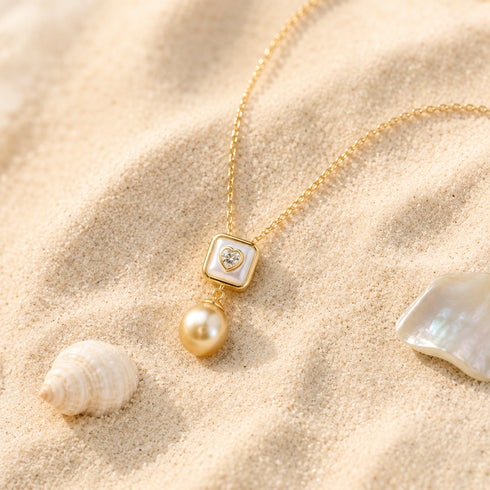 10-11mm South Sea Golden Pearl Heart pendant necklace with square mother-of-pearl centerpiece and dangling gold pearl