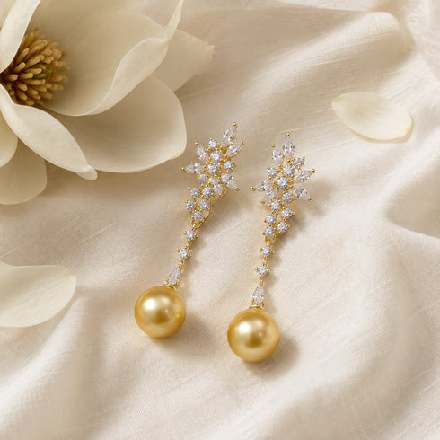 Pair of earrings: Gold-tone South Sea pearl drops with crystal snowflake clusters, House Of Pearls - FT.
