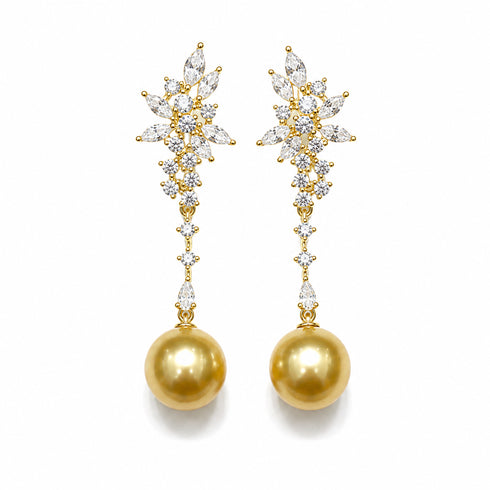 Earrings: Golden South Sea Pearl & Snowflake pair, gold-tone with crystal accents, House Of Pearls - FT