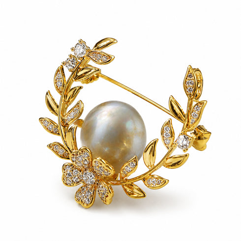 Brooch: Grey Mabe Pearl Wheat design, gold-tone with crystal accents, by House Of Pearls - QD.