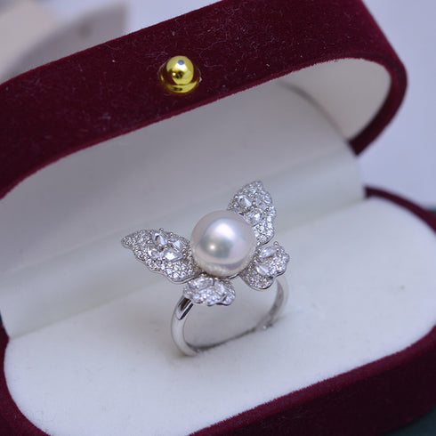 9-10mm Freshwater Pearl Butterfly &Cubic Zirconia Ring - Rings made with hand-selected pearls from House of Pearls