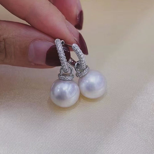 11-12mm Freshwater Pearl & Kate CZ Hoop Earrings - Earrings made with hand-selected pearls from House of Pearls