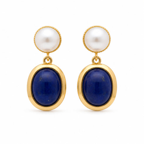 Earrings, gold-tone drop with white pearl tops above dark blue lapis lazuli cabochons (2).