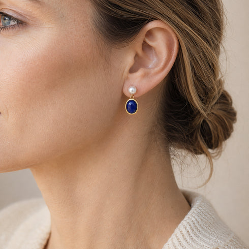 Dark Blue Lapis Lazuli and Pearl Drop Earrings, gold setting, House Of Pearls - LXP
