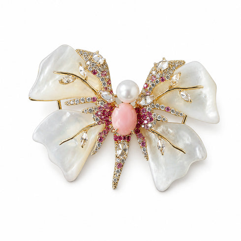 Brooch 5–6mm Pearl White Shell Butterfly by House Of Pearls; gold-tone with pink center pearl and clear crystal accents