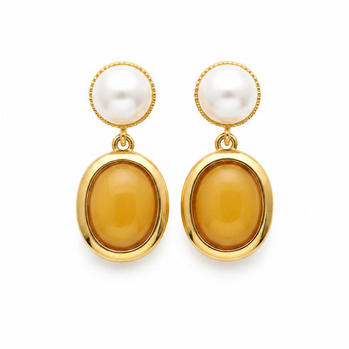 Earrings: natural amber and pearl drop earrings in gold-tone settings, 2-piece set.