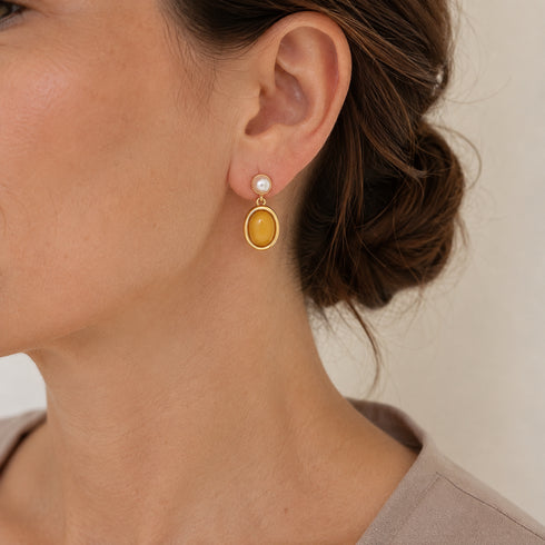 Earrings: gold-tone drop with natural amber oval and pearl stud, House Of Pearls - LXP.