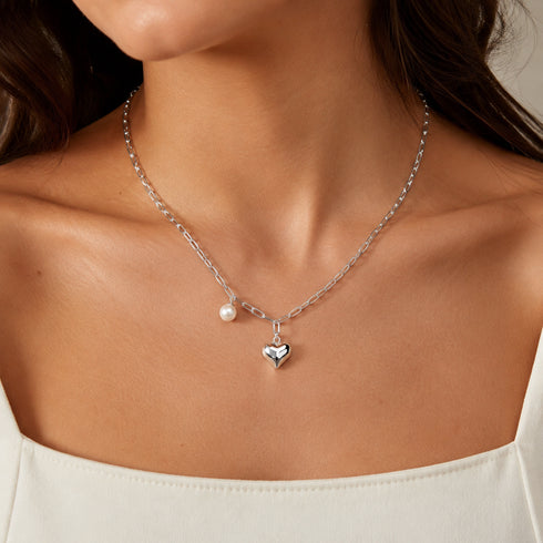Silver Heart Pearl Pendant Necklace by House Of Pearls-VA with pearl charm and heart charm on a silver chain.