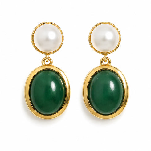 Oval Malachite Bezel Pearl Drop Earrings, a pair in gold-tone with green malachite and white pearls.