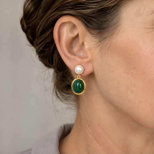 Oval Malachite Bezel Pearl Drop Earrings in gold-tone setting with a white pearl stud