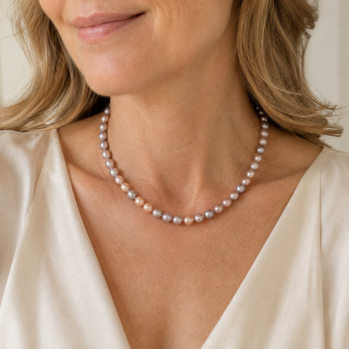 8-9mm multicolor freshwater pearl strand necklace worn as a choker