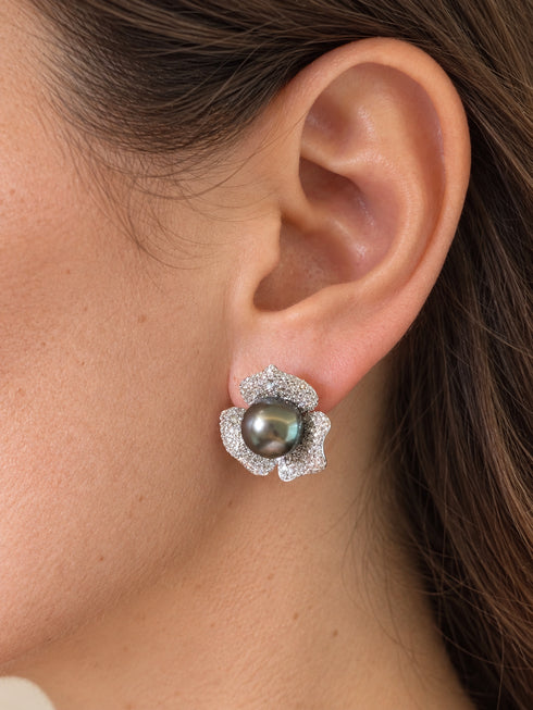 Earrings: 9–10mm Tahitian pearl pavé rose-petal stud with diamond petals, House Of Pearls