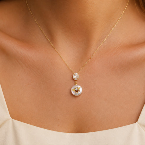 Pendant: hand-painted bee and flower Baroque pearl clip on gold chain, House of Pearls.