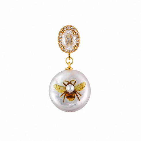 Hand-Painted Bee & Flower Baroque Pearl Clip Pendant by House of Pearls; gold-tone clip with crystal bezel and baroque pearl drop