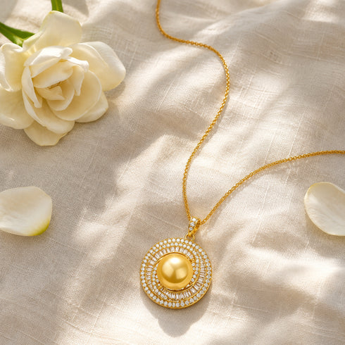 Necklace: 12-13mm Golden South Sea pearl crystal halo pendant on a gold chain, House of Pearls - MZ