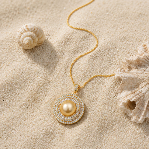 12-13mm Golden South Sea Pearl Crystal Halo Pendant Necklace with gold chain, House of Pearls - MZ