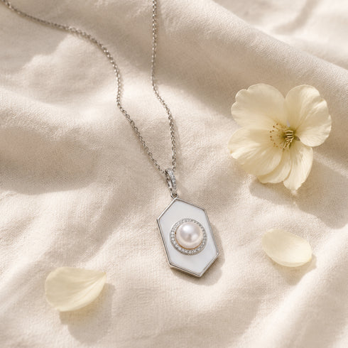 Necklace with hexagonal mother-of-pearl pendant, freshwater pearl and diamond halo on silver chain (House Of Pearls JT)