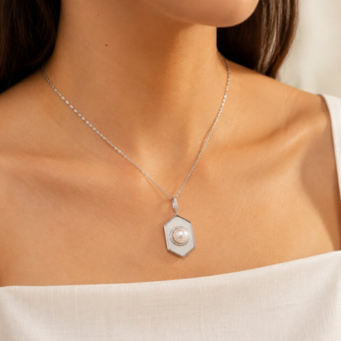 Necklace by House Of Pearls JT featuring 8-9mm freshwater pearl in a rhombus mother-of-pearl pendant on a silver chain