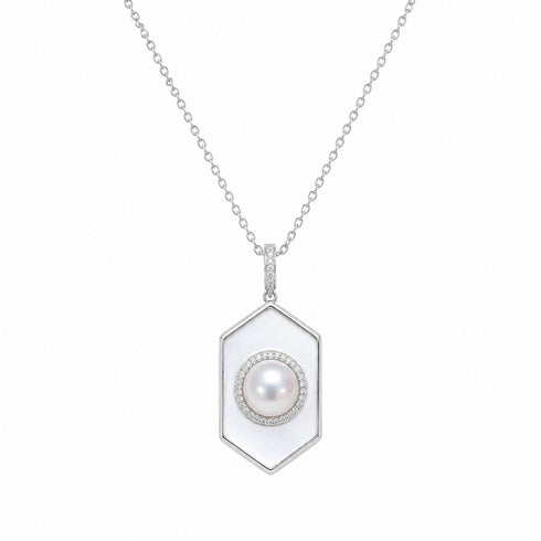 Pearl pendant necklace with rhombus mother-of-pearl panel and diamond halo on a silver chain.