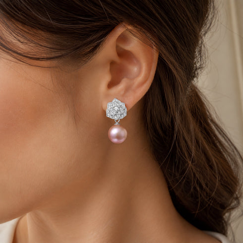 9-10mm purple freshwater pearl & floral earrings with pavé floral stud and pink pearl drop