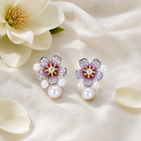 Earrings: pair of flower-shaped pink freshwater pearl zirconia studs with pearl drops, House Of Pearls - TA