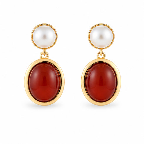 Red Oval Gemstone Pearl Drop Earrings, pair of gold-tone earrings with white pearl studs and red oval drops