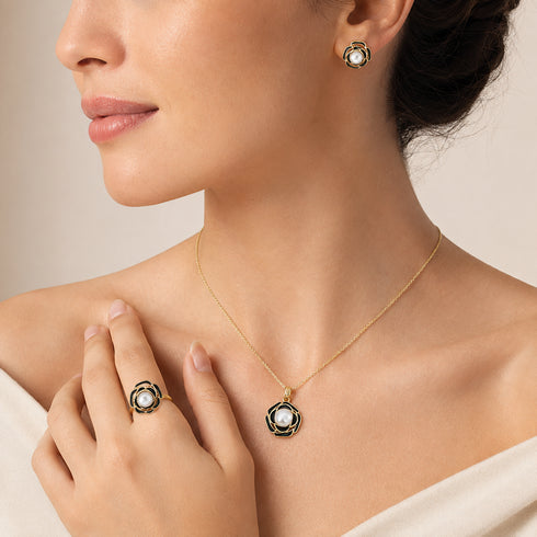 Black Camellia Pearl Jewelry Set by House Of Pearls - VA: gold-tone floral frames with pearls; earrings, necklace, ring.