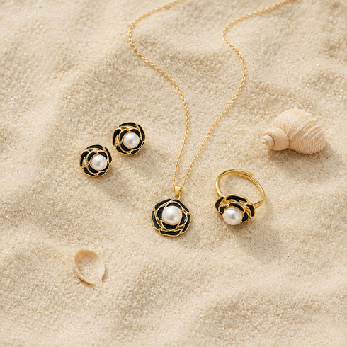 Black Camellia Pearl Jewelry Set, 4-piece gold-tone with black enamel petals and pearls