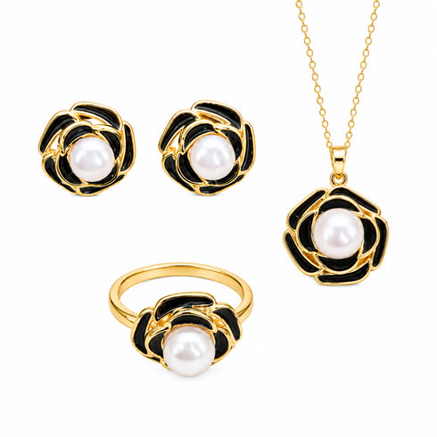 Black Camellia Pearl Jewelry Set, gold-tone with black enamel petals; includes necklace, earrings and ring (4-piece)