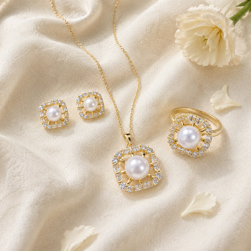 Square zirconia white freshwater pearl jewelry set, 4-piece gold-tone, necklace, earrings, ring by House Of Pearls VA.