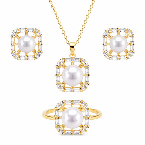 Square Zirconia White Freshwater Pearl Jewelry Set by House Of Pearls - VA; gold-tone with pearl centerpiece (set of 4)