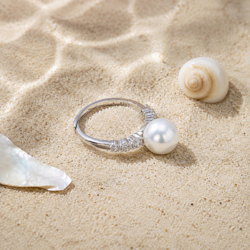Ring: 9–10mm freshwater pearl centerpiece with CZ accents on a silver-tone band by House of Pearls-JT