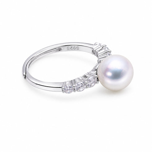 Ring 9-10mm Freshwater Pearl & Shine CZ with a silver-toned band, large white pearl, and clear CZ stones.