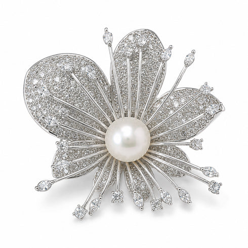 10–11mm Freshwater Pearl Orchid Brooch with silver-tone petals, pavé crystals, and a central white pearl