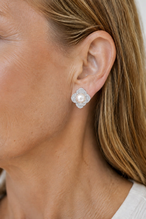 Earrings: 10-11mm freshwater pearl with Miya CZ pavé floral design in a silver-tone setting