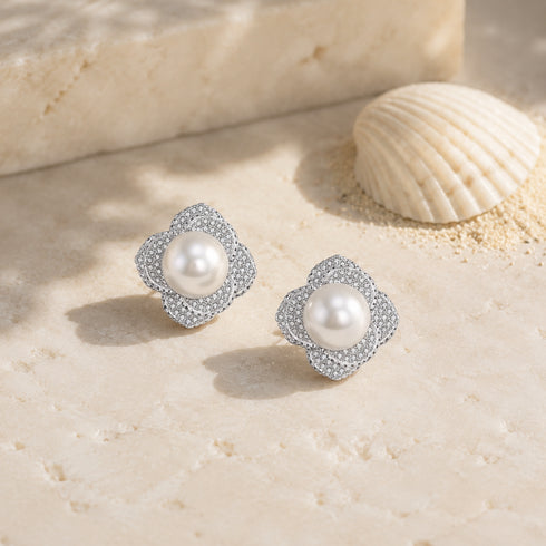 Earrings: 10–11mm freshwater pearl with Miya CZ floral cluster in silver-tone setting (House Of Pearls JT)