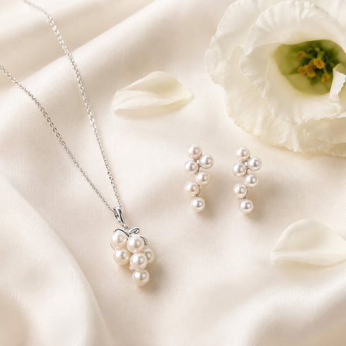 Grapes pearl pendant and earrings set by House Of Pearls JMY, 3-piece silver-tone freshwater 3.5–4mm white pearls