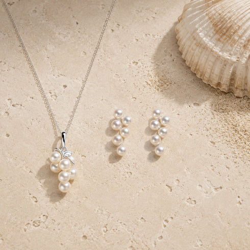 Pearl grape pendant on silver chain with matching pearl cluster earrings (set of 3)
