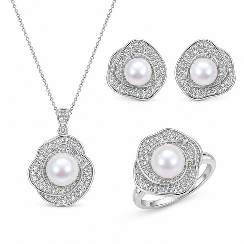 White Zirconia Freshwater Pearl Jewelry Set, 4-piece with pavé crystals; necklace, earrings, and ring in silver-tone.