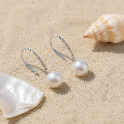 Earrings, pair of 10-11mm freshwater pearl and CZ hook earrings in silver-tone
