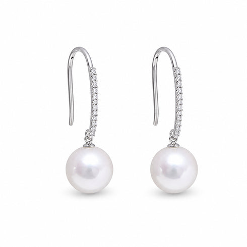 Earrings: 2 freshwater pearl & CZ hook earrings, silver-tone with crystal-studded drop, by House Of Pearls -JT