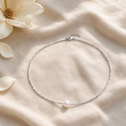 Necklace: White freshwater pearl pendant on a silver shard-textured chain by House Of Pearls -JT
