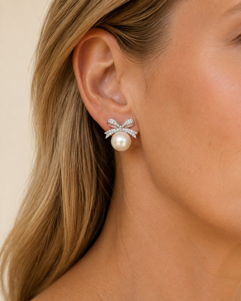 Earrings: 10–11mm freshwater pearl CZ bowknot with pave, pearl drop stud by House Of Pearls -TA.
