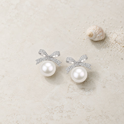 Pair of earrings: 10-11mm freshwater pearl CZ bowknot with crystal-studded bows, House Of Pearls -TA