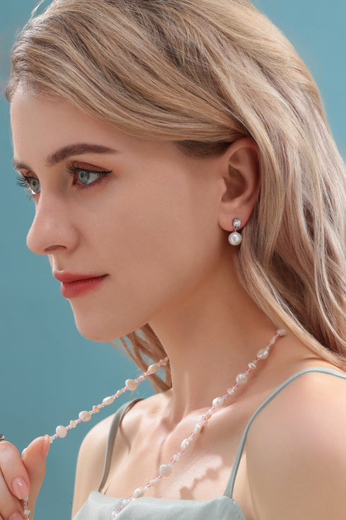 Earrings 9–10mm freshwater pearl Sasha drop with large zircon, S925 silver, House Of Pearls